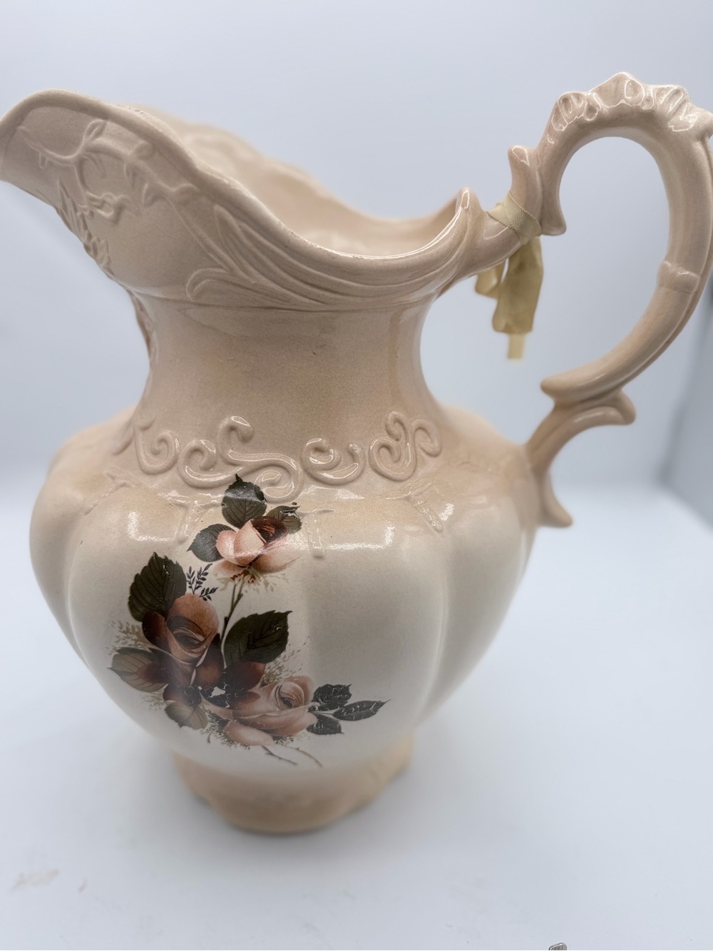 Ironstone England 1890 Pitcher. Antique. White W/ Floral Design